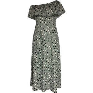 StyleDome‎ Sage Green Polka Dot Off The Shoulder Maxi Dress Ruffle Side Slit M